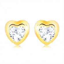 Cercei din aur 375 - contur lucios de inimă simetrică, zirconiu transparent