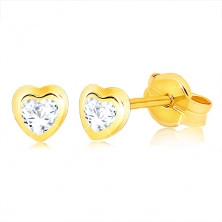 Cercei din aur 375 - contur lucios de inimă simetrică, zirconiu transparent