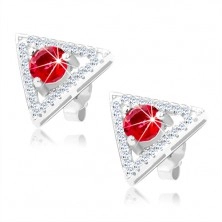 Cercei din argint 925, contur în forma unui triunghi - zirconiu transparent, zirconiu rotund, roşu