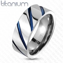 Inel din titaniu în nuanță argintie, luciu superior, striații albastre oblice