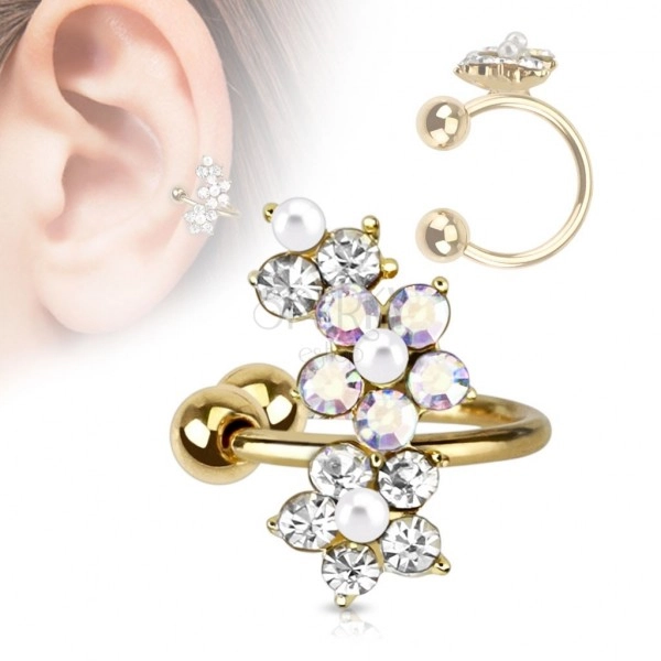 Piercing fals pentru ureche, inel din oțel 316L, auriu, flori din zirconiu