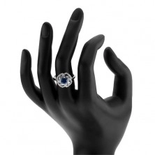 Inel din argint 925, contur de floare strălucitor, zirconiu albastru rotund