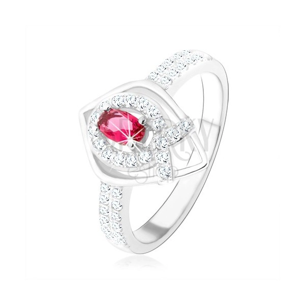 Inel din argint 925, contur de lacrimă ascuţit, zirconiu roz, linie în formă de V