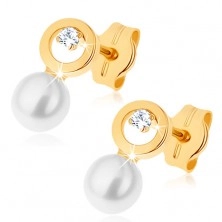 Cercei din aur galben 9k - contur de cerc cu zirconiu transparent, perlă albă