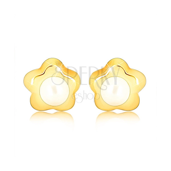 Cercei cu şurub din aur 9K - floare mică lucioasă, perlă albă