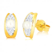 Cercei din aur 375 - linie arcuită decorată cu cristale Swarovski şi perlă albă