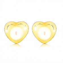 Cercei din aur galben 9K - inimă mică lucioasă, perlă rotundă