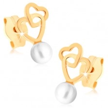 Cercei din aur 375 - două contururi de inimă conectate, perlă rotundă albă