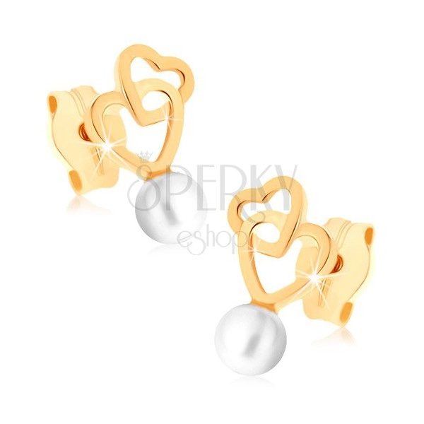 Cercei din aur 375 - două contururi de inimă conectate, perlă rotundă albă