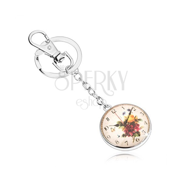 Breloc în stilul cabochon, sticlă transparentă, convexă, model - un ceas cu flori