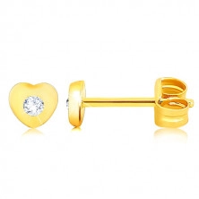 Cercei din aur galben 9K - inimă mică cu zirconiu transparent, cu şurub