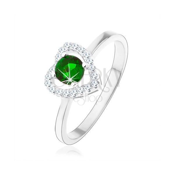 Inel din argint 925, contur de inimă strălucitoare, zirconiu rotund verde