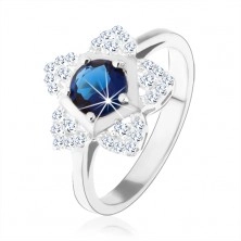 Inel de logodnă, argint 925, floare strălucitoare, zirconiu rotund albastru