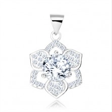 Pandantiv din argint 925, zirconiu rotund transparent, floare strălucitoare cu şase colţuri