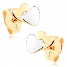 Cercei în două culori din aur 9K - inimi mici plate, luciu de oglindă
