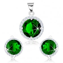 Set din argint 925, pandantiv şi cercei, zirconiu rotund, verde, contur din ştrasuri transparente