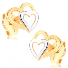 Cercei din aur 9K - contururi de inimă în două culori, cu şurub, luciu intens