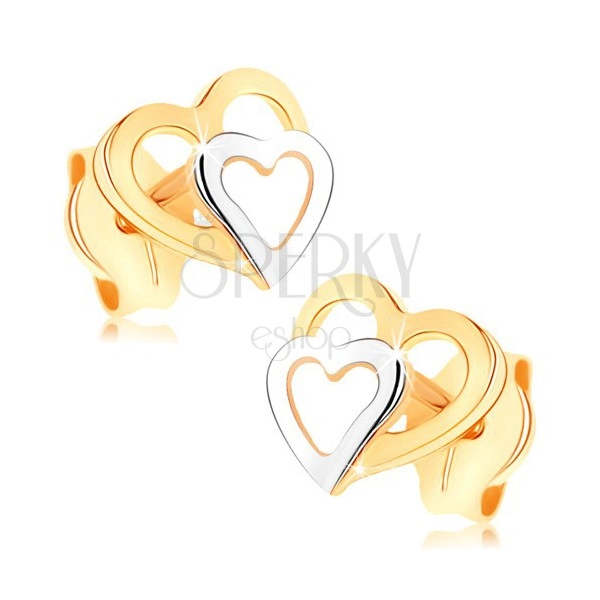 Cercei din aur 9K - contururi de inimă în două culori, cu şurub, luciu intens