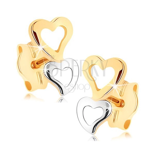 Cercei din aur 375 - două contururi în formă de inimă în două culori