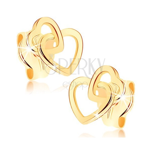 Cercei din aur galben 9K - contururile unite ale două inimi simetrice