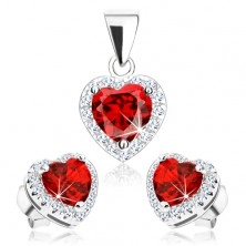 Set din argint 925, pandantiv şi cercei, zirconiu roşu - inimă, contur din ştrasuri transparente