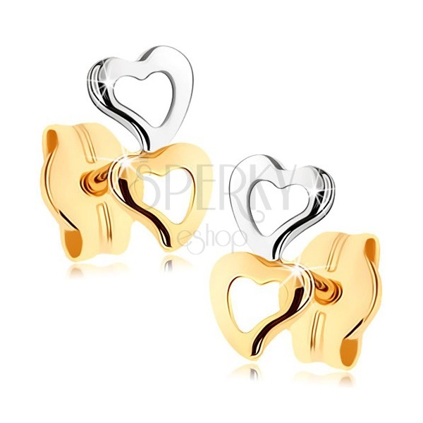 Cercei din aur 375 - două contururi de inimă, în două culori