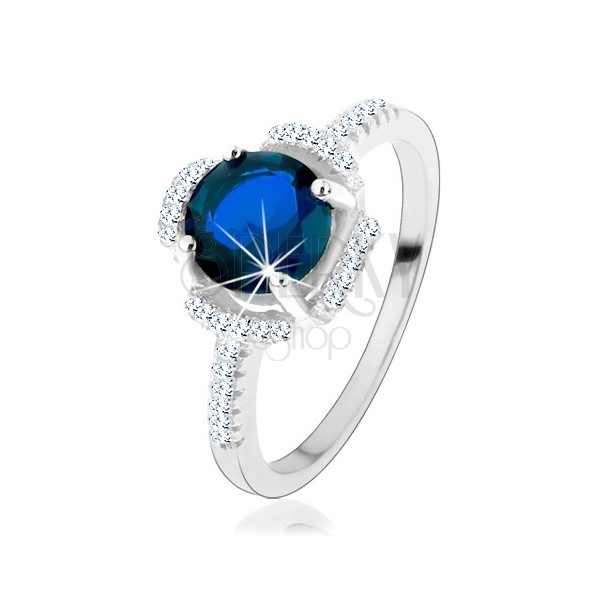 Inel de logodnă, argint 925, floare albastră, petale formate din zirconii transparente