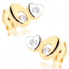 Cercei în două culori din aur 375 - oval cu decupaj, inimă mică, zirconii transparente