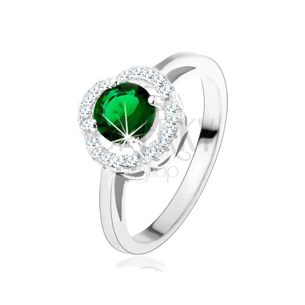 Inel de logodnă, zirconiu rotund, verde, linie ondulată de zirconii transparente, argint 925