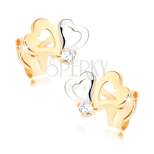 Cercei din aur 375 - două contururi de inimi colorate, zirconiu mic transparent