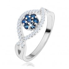 Inel realizat din argint 925, linii ondulate din zirconiu, floare strălucitoare formată din zirconii albastre