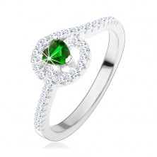 Inel de logodnă realizat din argint 925, inimă verde din zirconiu, linii strălucitoare