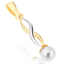 Pandantiv din aur 375 - valuri lucioase în două nuanțe, perlă albă rotundă