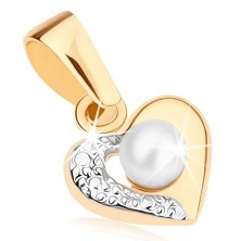 Pandantiv din aur de 8K - contur de inimă în două nuanțe, o jumătate gravată, perlă mică albă
