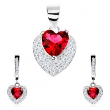 Set realizat din argint 925, cercei, pandantiv, inimă din zirconiu roșu, zirconii transparente