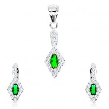 Set din argint 925, pandantiv şi cercei, oval verde, margine în formă de diamant