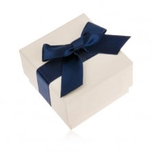 Cutiuţă de cadou albă pentru inel, pandantiv sau cercei, fundă albastră