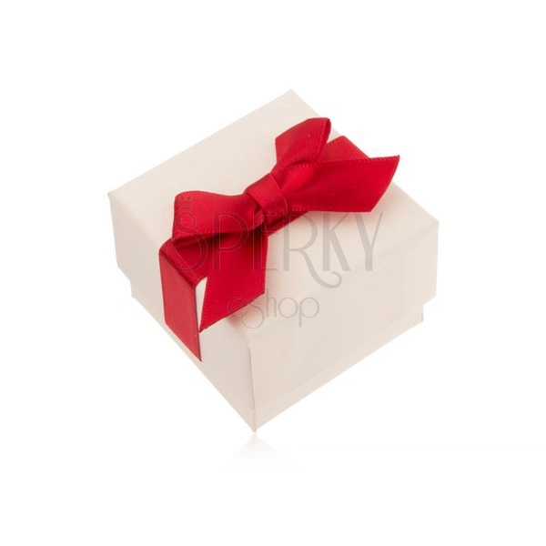 Cutiuţă de cadou pentru inel, pandantiv sau cercei, albă, fundă roşie