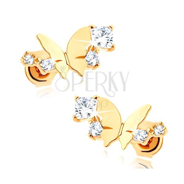Cercei din aur 375 - fluture mic lucios, arc cu zirconiu transparent, strălucitor