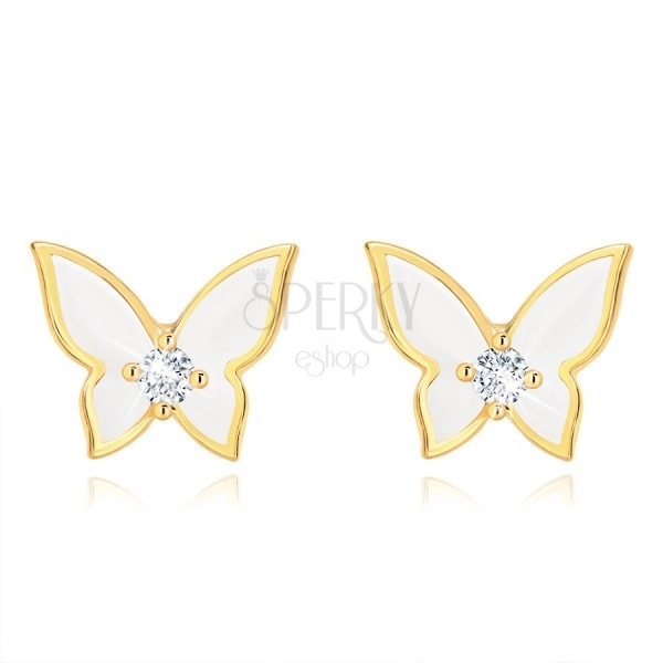 Cercei din aur 375 - fluture mic, aripi acoperite cu vopsea albă, zirconiu transparent