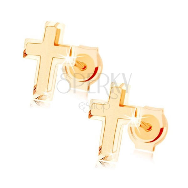 Cercei din aur 375 - cruce latină mică, combinaţie de suprafaţă lucioasă şi mată