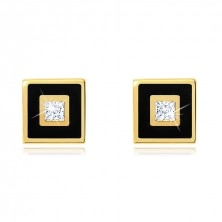 Cercei din aur 375 - pătrat ornat cu vopsea neagră, zirconiu transparent