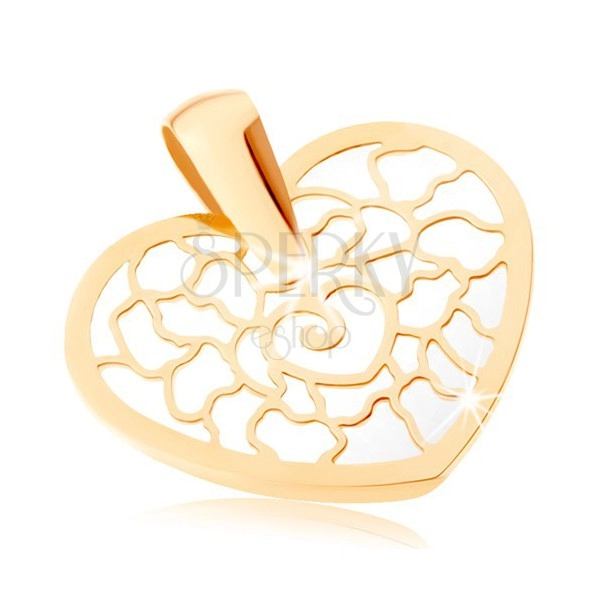 Pandantiv din aur galben 375 - contur inimă rotundă cu ornamente, bază perlată