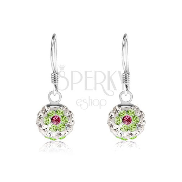 Cercei albi, argint 925, flori verzi şi roz, cristale Preciosa, 8 mm