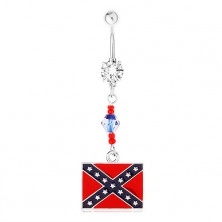 Piercing pentru buric din oţel, zirconiu transparent, mărgele, model steagul Confederaţiei