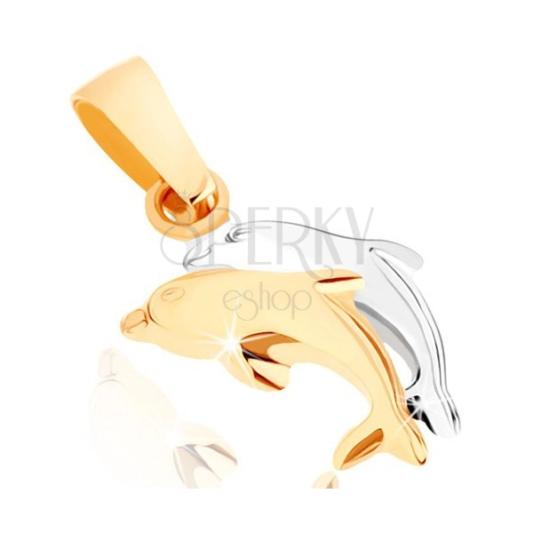 Pandantiv din aur galben 375 - doi delfini săritori în două culori, suprafață netedă convexă
