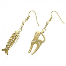 Cercei aurii din oțel - pisică și os de pește, zirconii transparente
