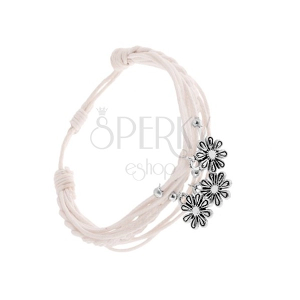 Brățară împletită ajustabilă, șnururi albe, amulete din oțel - flori