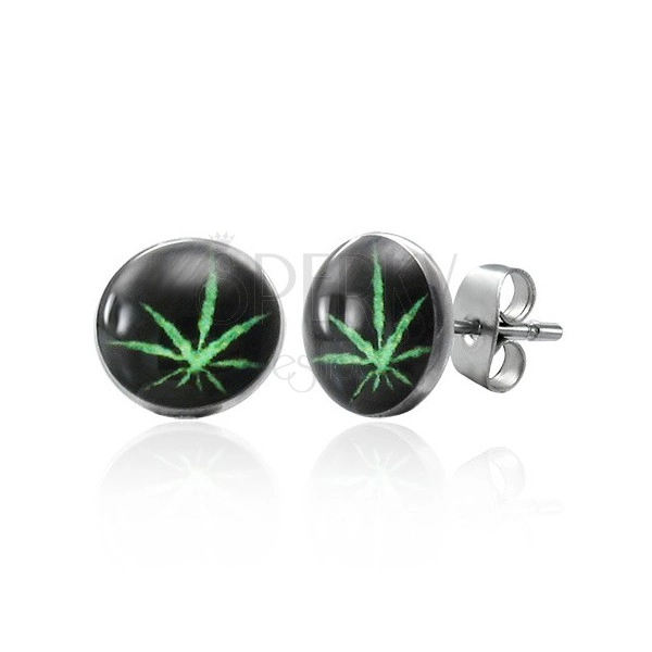 Cercei din oțel - frunză de marijuana, fundal negru