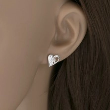 Cercei cu şurub din argint 925, contur inimă simetrică, zirconii transparente